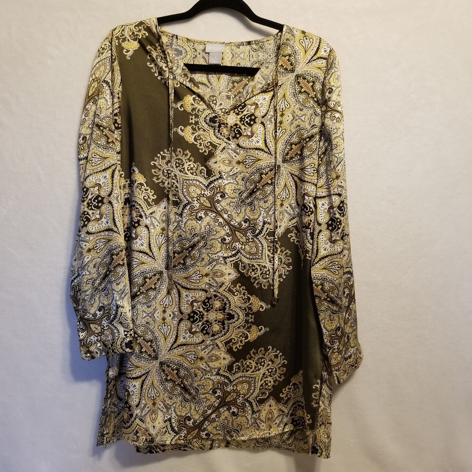 Chico's 1 (Med) Top Tunic Satin Paisley Brown Black Lightweight Boho Regal Artsy